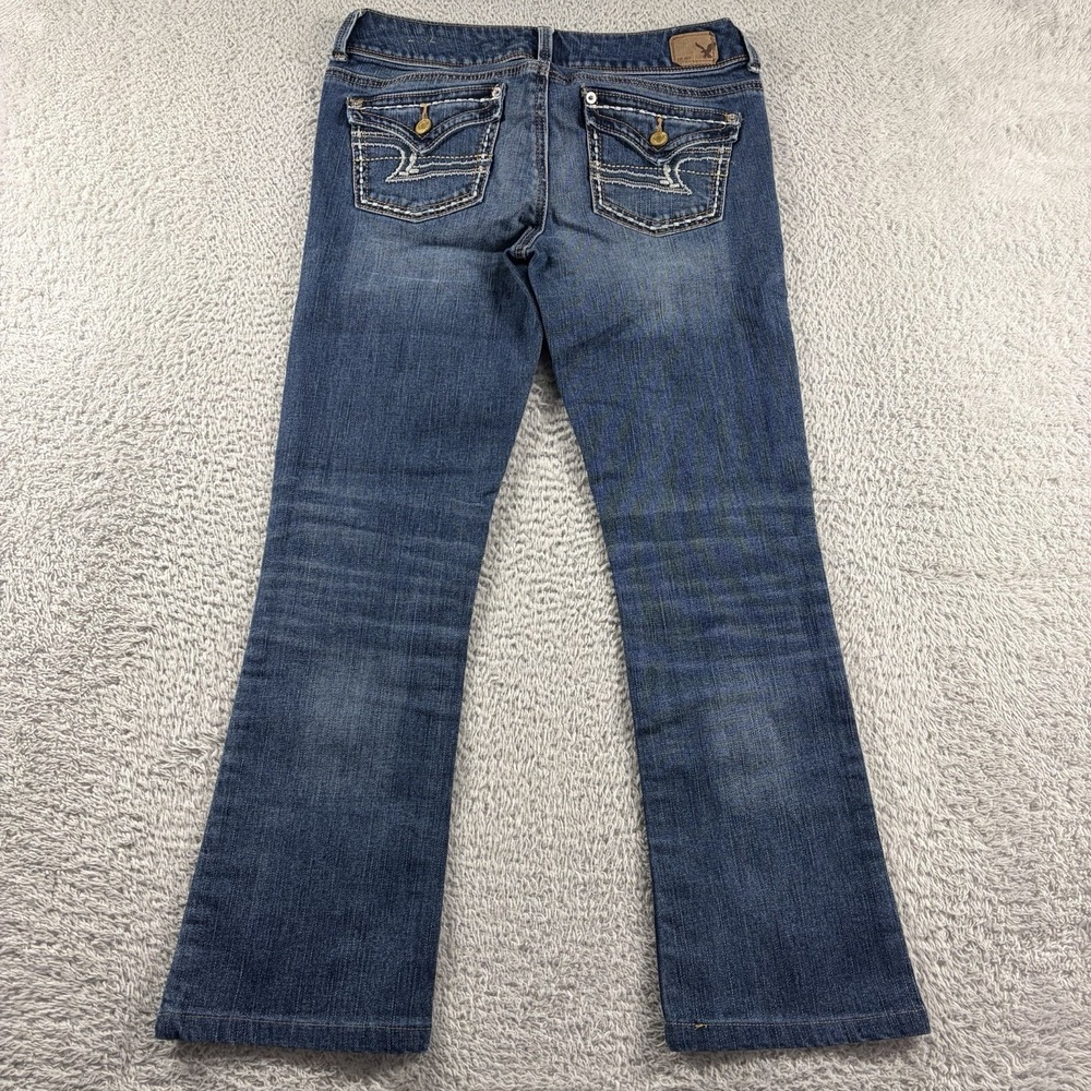 American‎ Eagle Kick Boot Jeans Womens 4 Low Rise Dark Wash Fade Pocket Stitch